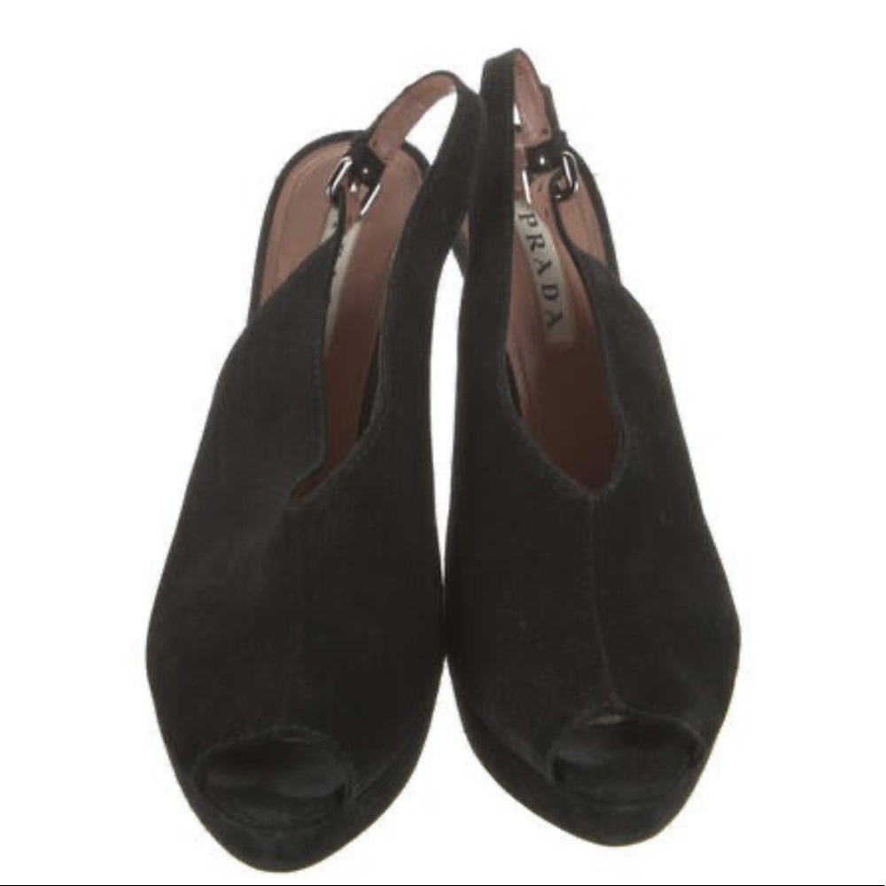 Prada black suede slingback sandals; block heels w/platform; buckle closure - Picture 5 of 7